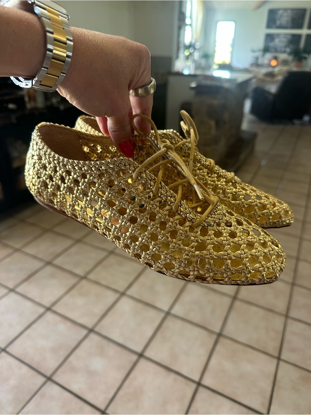 ANTONIO MELANI Gold Woven Lace-Up Flats